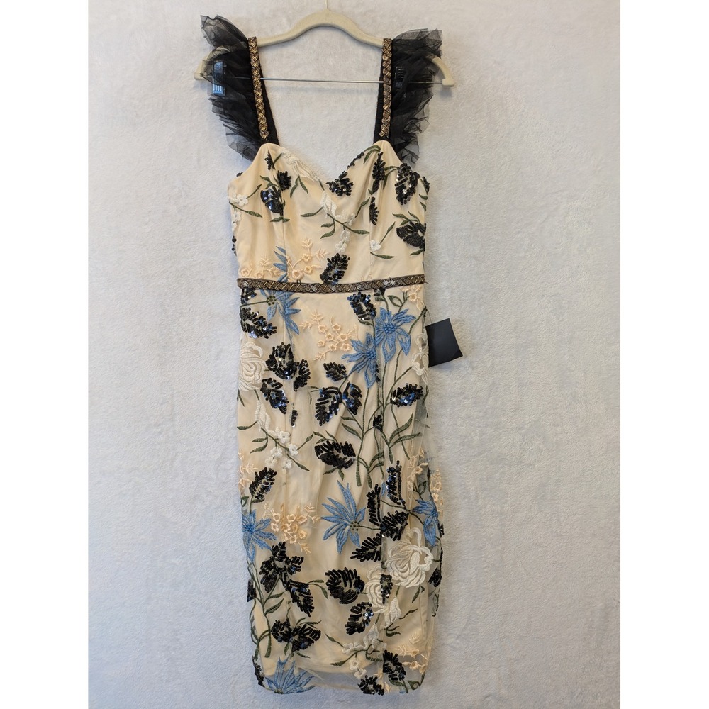 Lulu's Beige Floral Embroidered Cocktail Dress with Black Tulle Straps